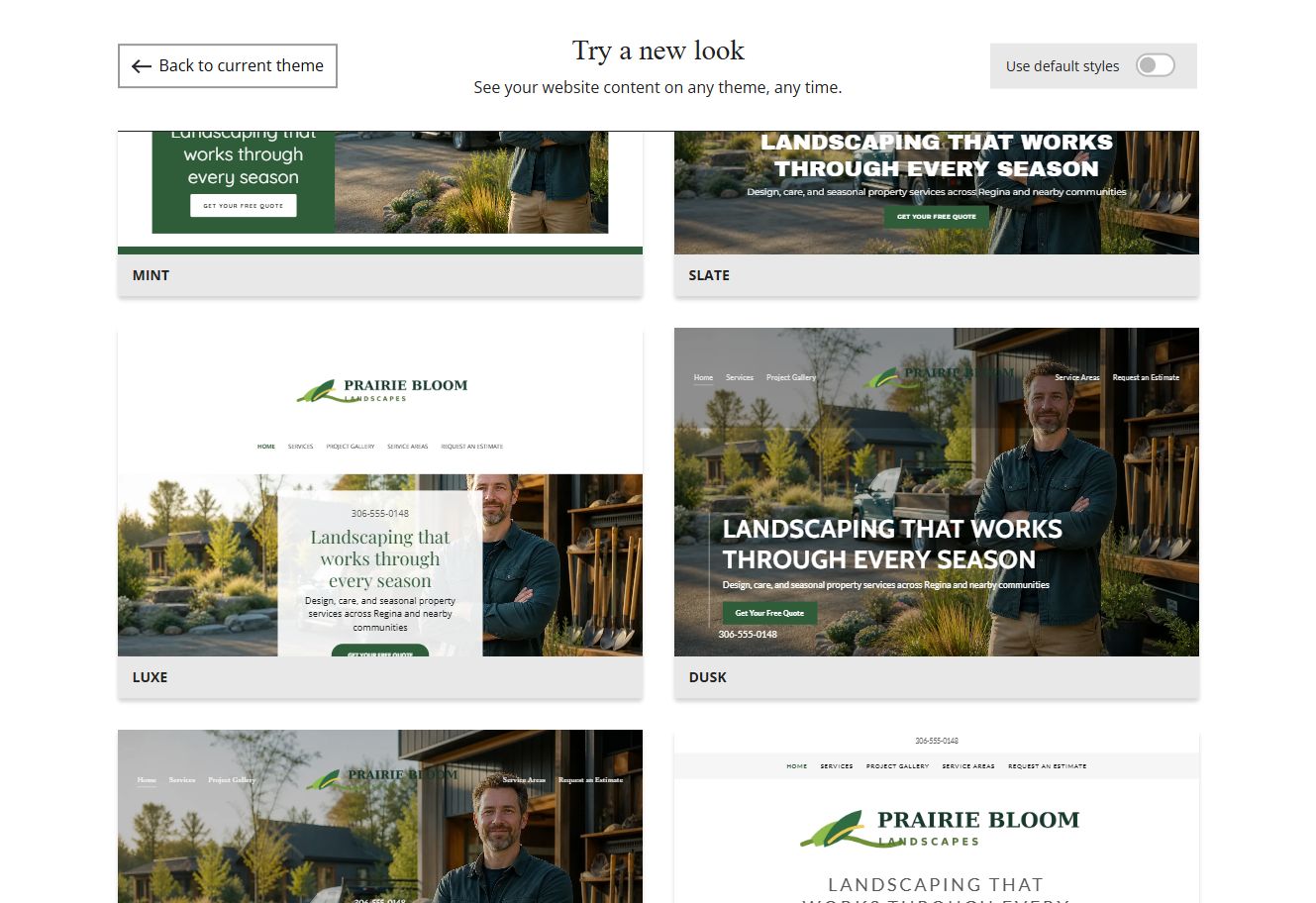 Website Builder selected-colour theme previews for Prairie Bloom Landscapes, group 4