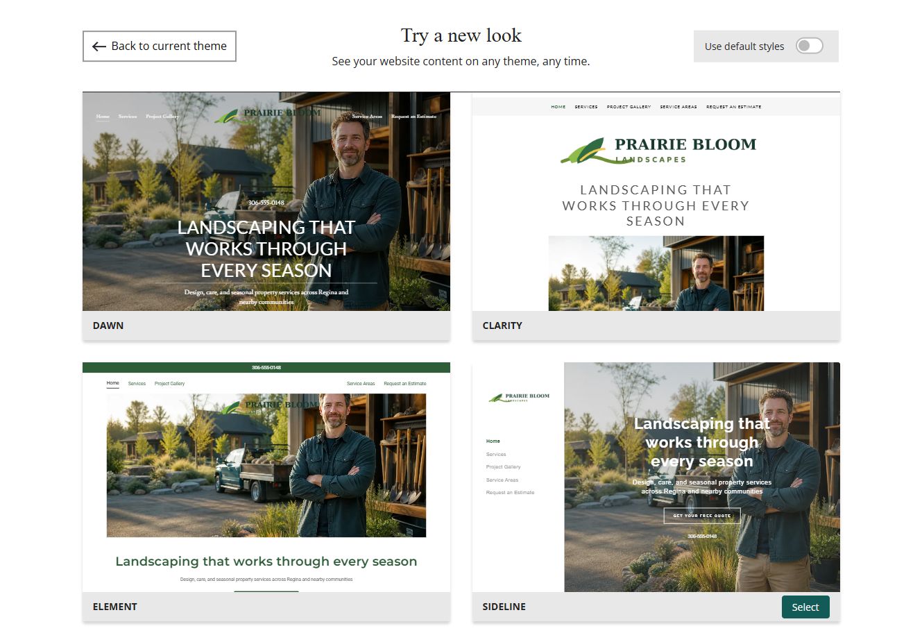 Website Builder selected-colour theme previews for Prairie Bloom Landscapes, group 5