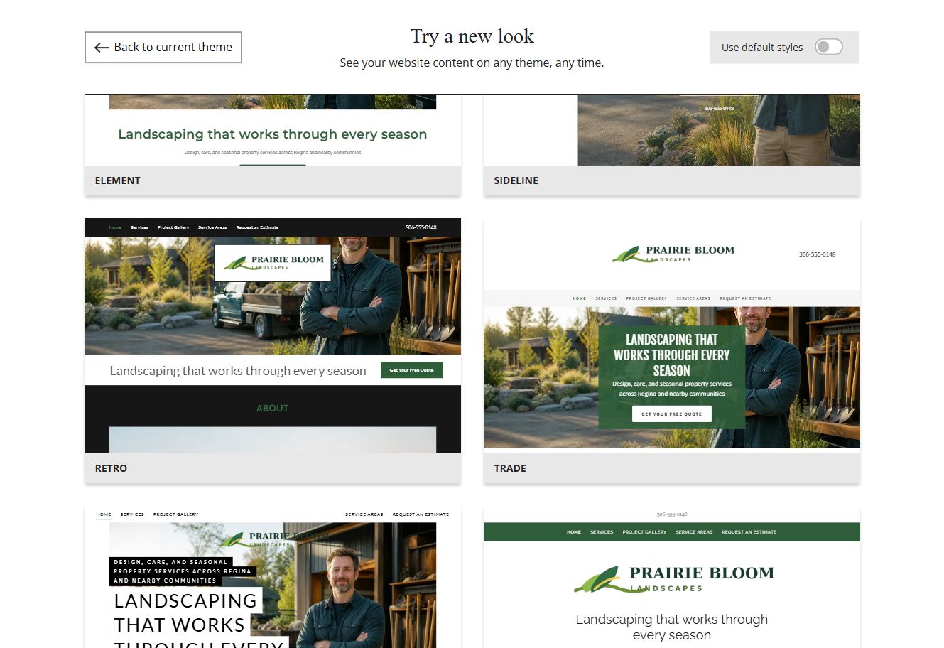 Website Builder selected-colour theme previews for Prairie Bloom Landscapes, group 6