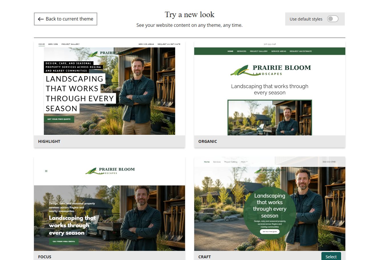 Website Builder selected-colour theme previews for Prairie Bloom Landscapes, group 7