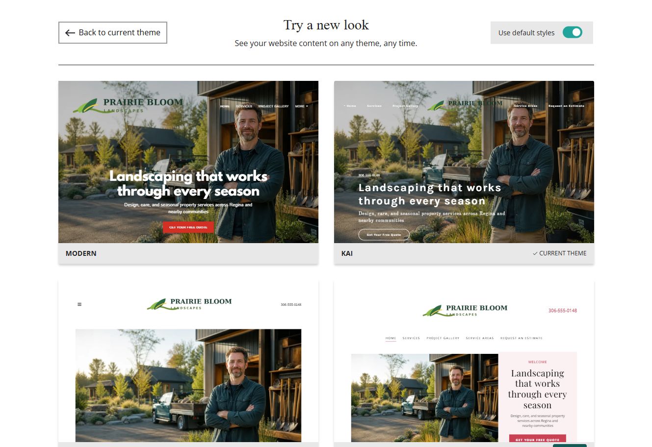 Website Builder default-style theme previews for Prairie Bloom Landscapes, group 1