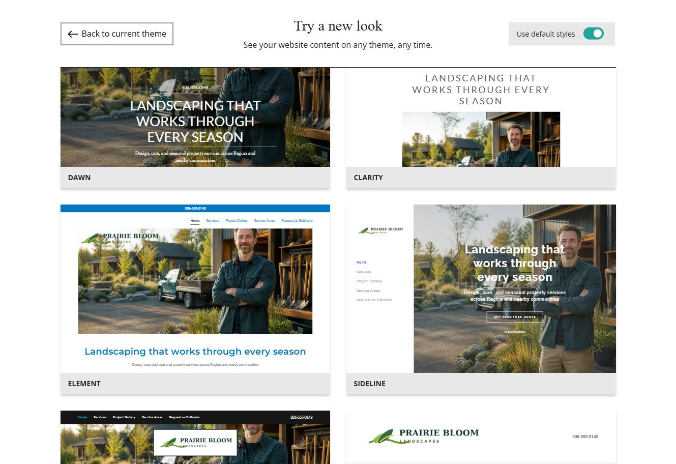 Website Builder default-style theme previews for Prairie Bloom Landscapes, group 6