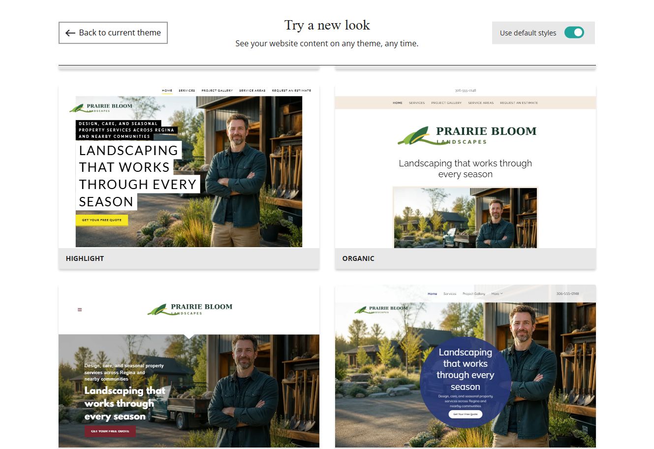 Website Builder default-style theme previews for Prairie Bloom Landscapes, group 8