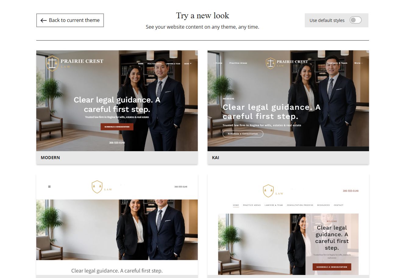 Website Builder chosen-colour theme previews for Prairie Crest Law, group 1