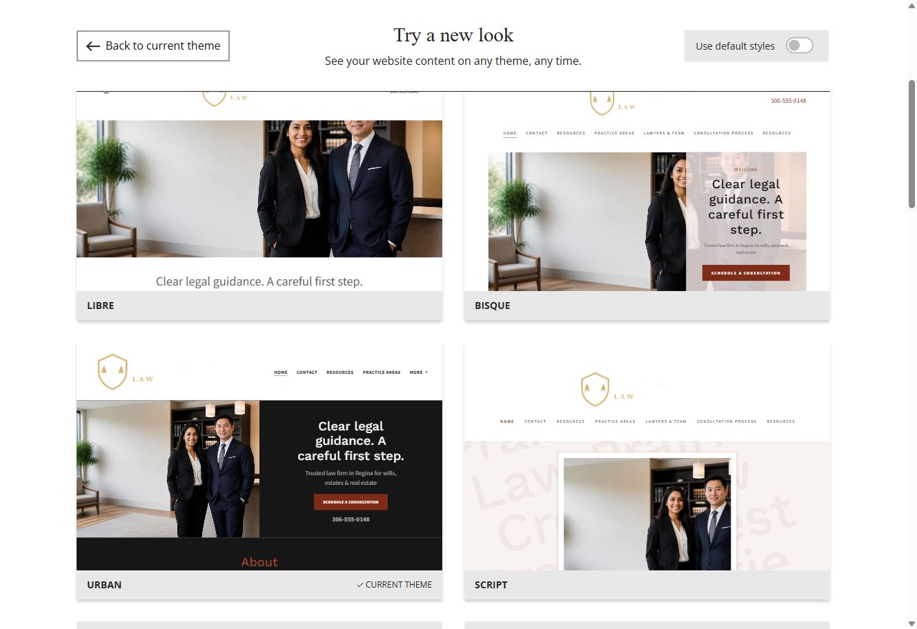 Website Builder chosen-colour theme previews for Prairie Crest Law, group 2