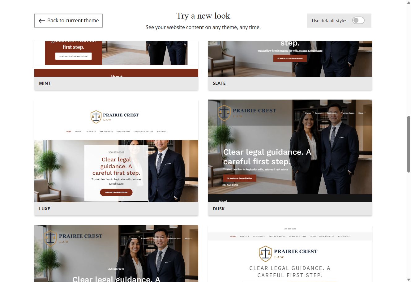 Website Builder chosen-colour theme previews for Prairie Crest Law, group 5