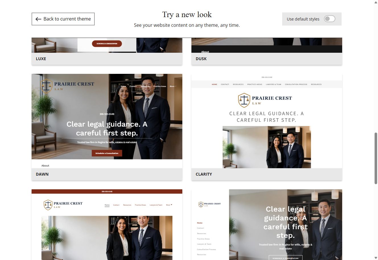 Website Builder chosen-colour theme previews for Prairie Crest Law, group 6
