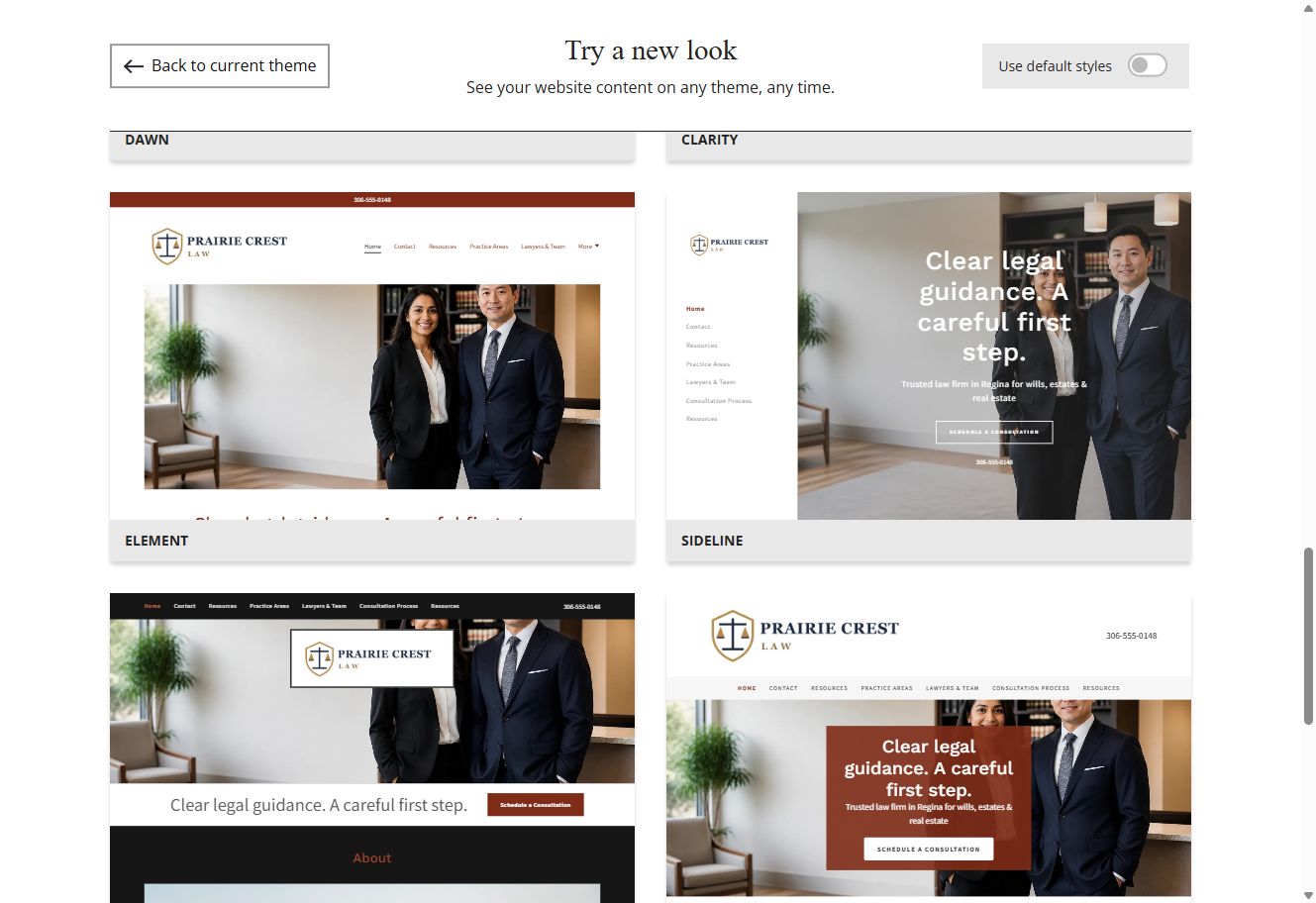 Website Builder chosen-colour theme previews for Prairie Crest Law, group 7