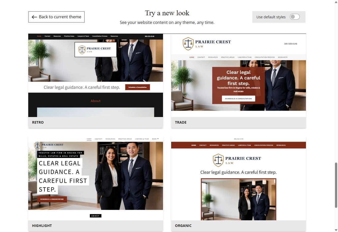 Website Builder chosen-colour theme previews for Prairie Crest Law, group 8