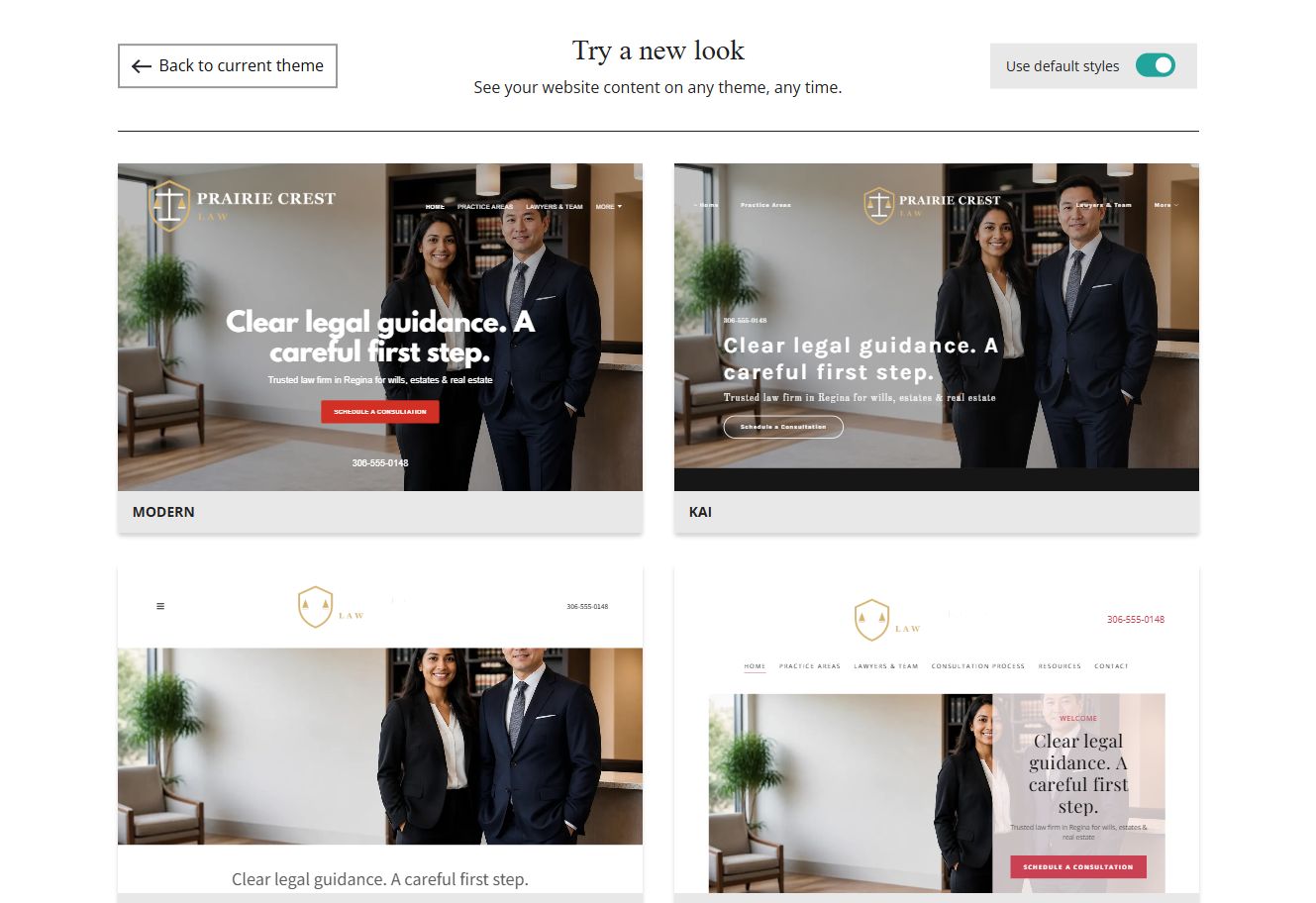 Website Builder default-style theme previews for Prairie Crest Law, group 1