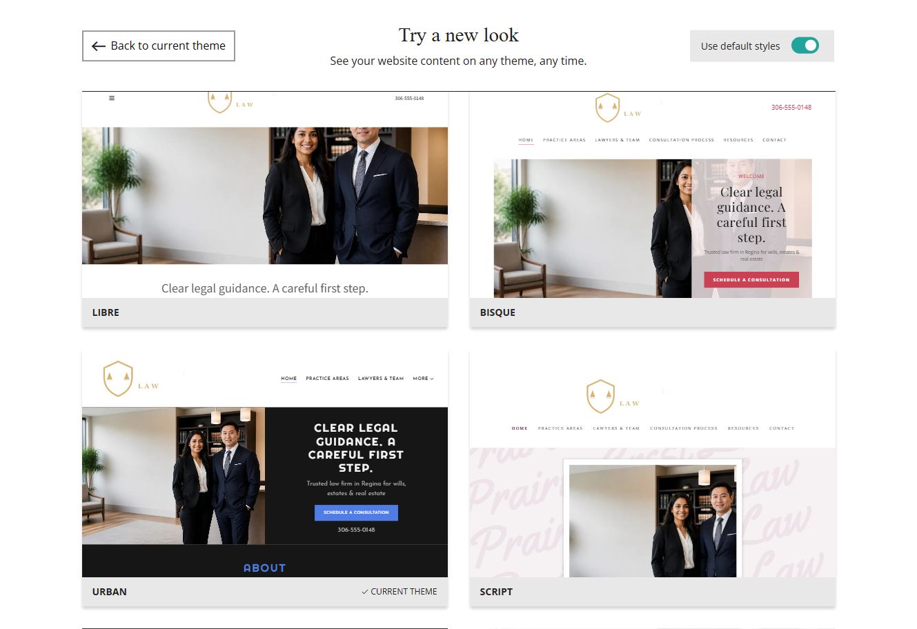 Website Builder default-style theme previews for Prairie Crest Law, group 2