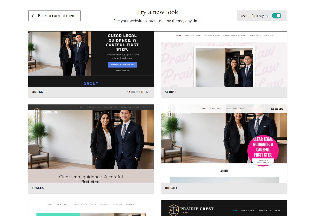 Website Builder default-style theme previews for Prairie Crest Law, group 3