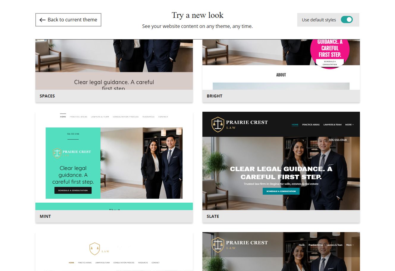 Website Builder default-style theme previews for Prairie Crest Law, group 4