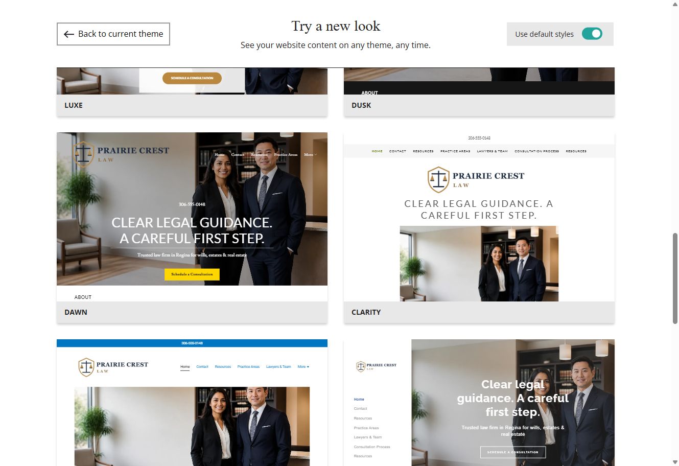 Website Builder default-style theme previews for Prairie Crest Law, group 6
