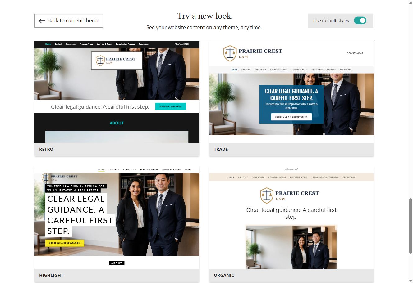 Website Builder default-style theme previews for Prairie Crest Law, group 8