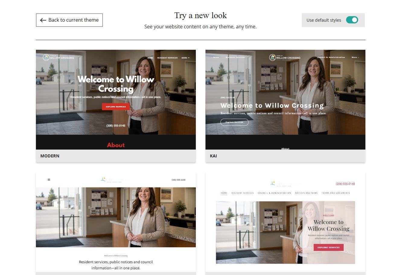 Website Builder theme previews for Town of Willow Crossing using default styles, group 1