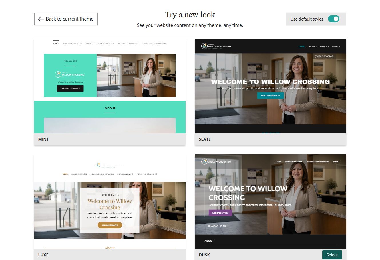 Website Builder theme previews for Town of Willow Crossing using default styles, group 4