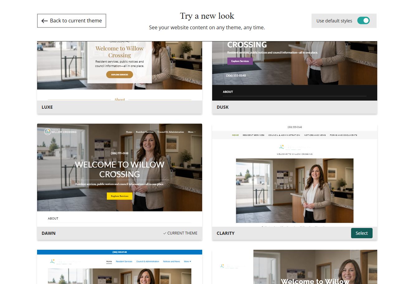 Website Builder theme previews for Town of Willow Crossing using default styles, group 5