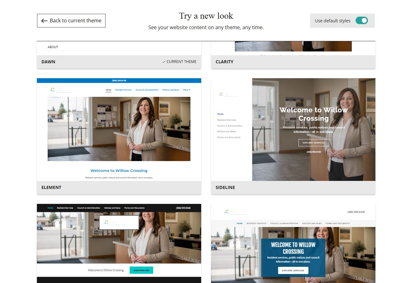 Website Builder theme previews for Town of Willow Crossing using default styles, group 6
