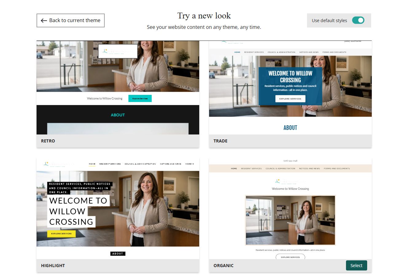 Website Builder theme previews for Town of Willow Crossing using default styles, group 7