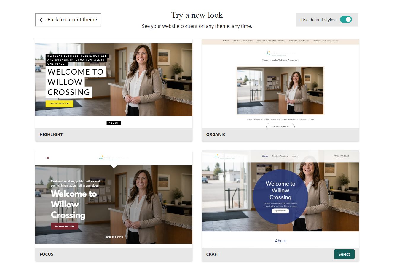 Website Builder theme previews for Town of Willow Crossing using default styles, group 8