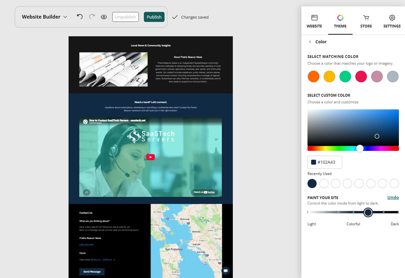 Prairie Beacon News home page in the Website Builder deep colour paint setting