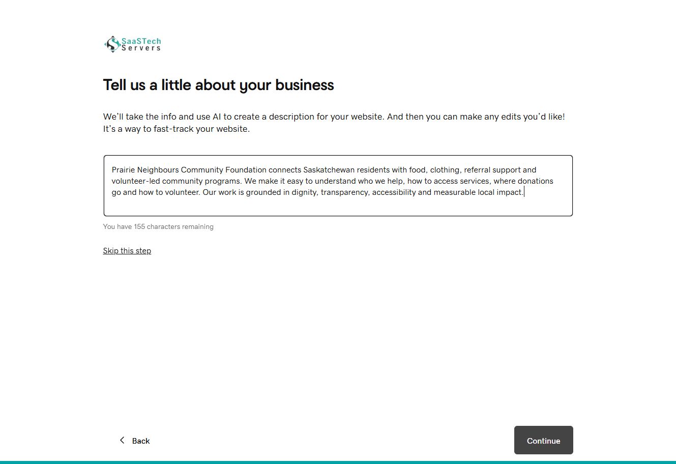 Website Builder setup with the Prairie Neighbours organization description completed