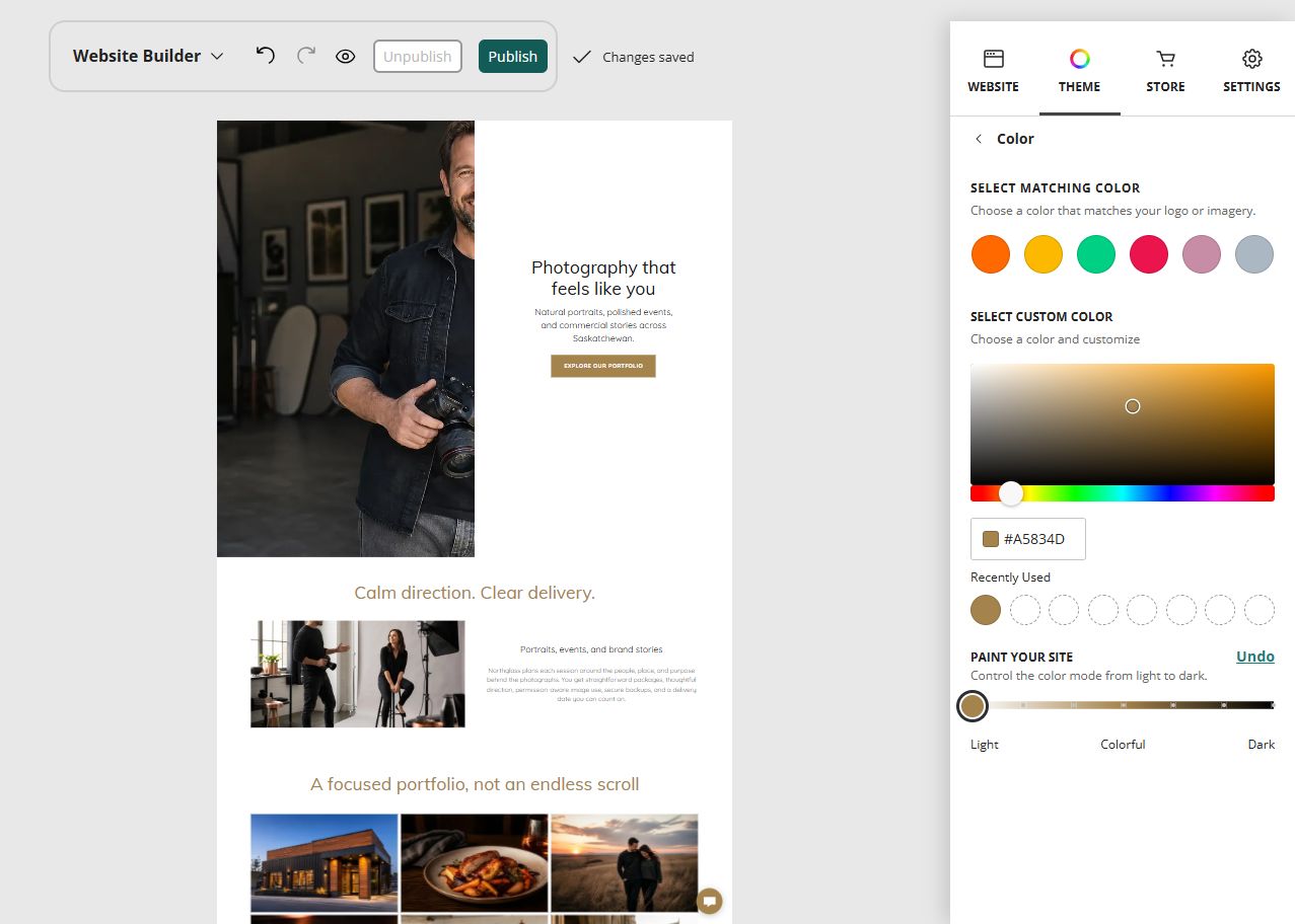 Northglass Photography home page in the Website Builder light paint setting
