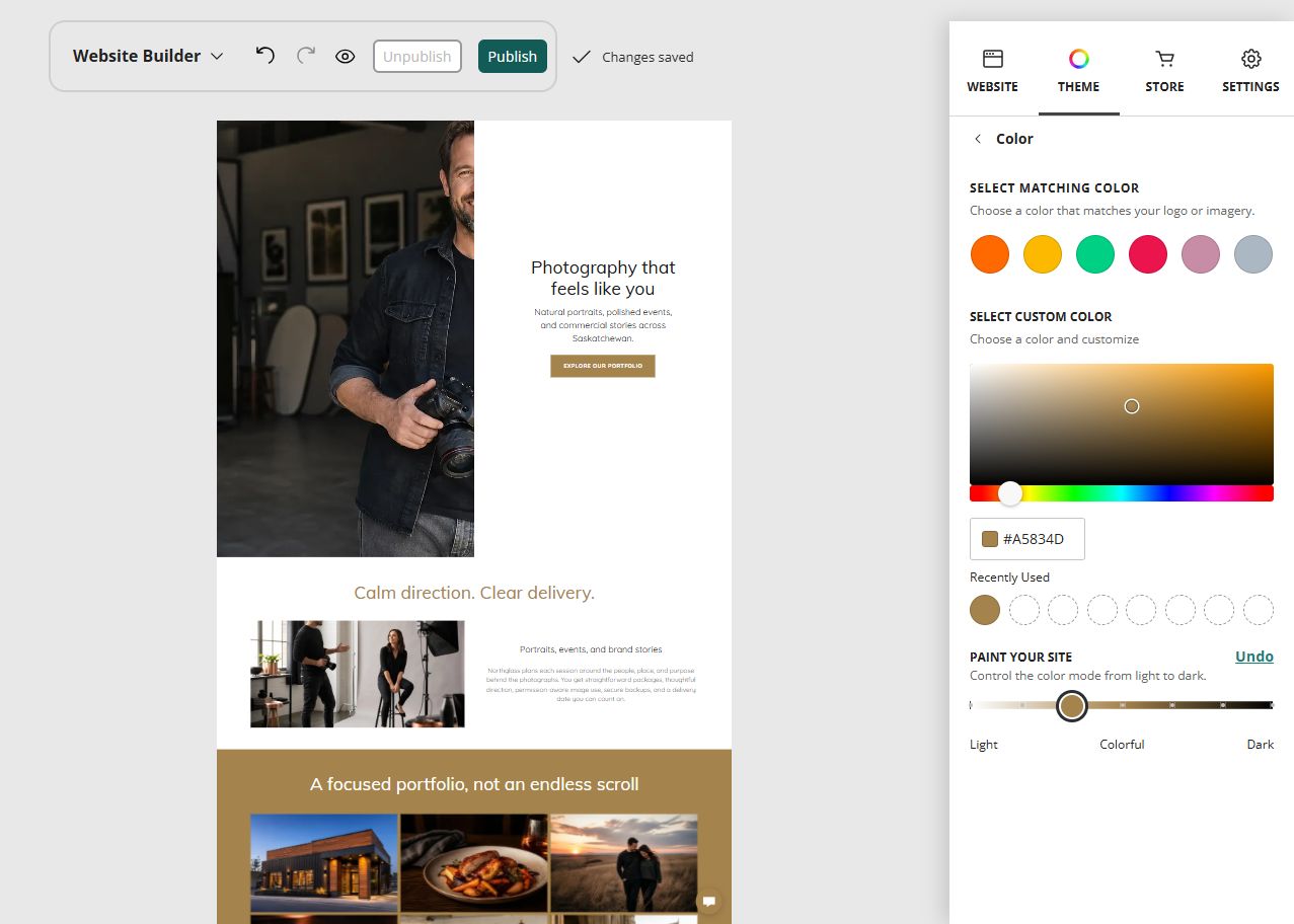Northglass Photography home page in the Website Builder soft colour paint setting