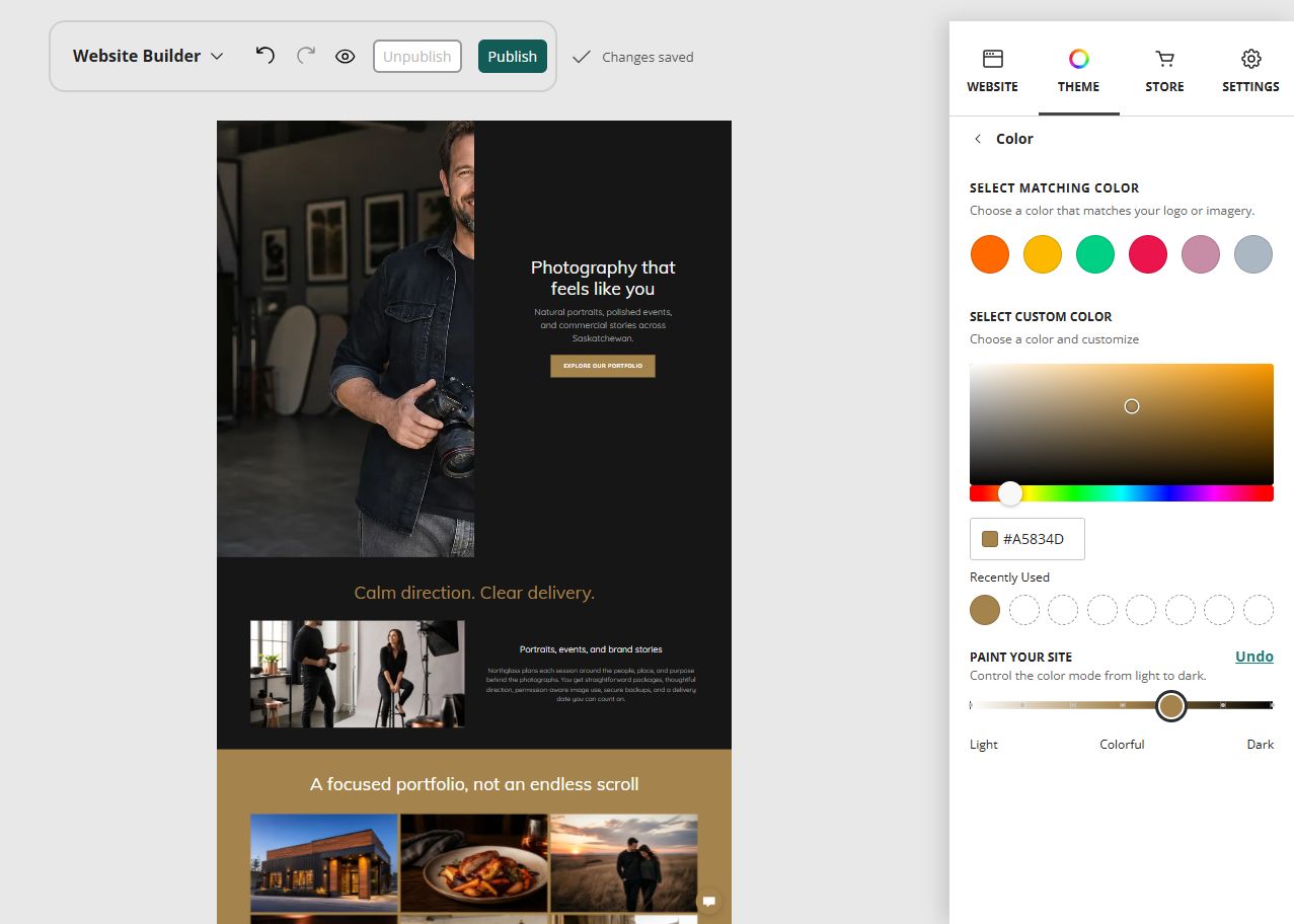 Northglass Photography home page in the Website Builder rich colour paint setting