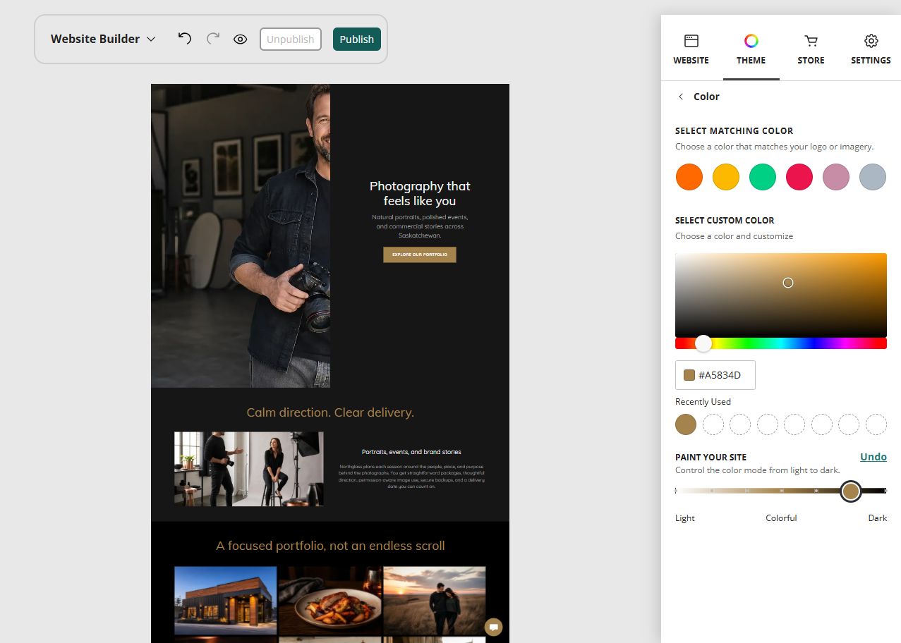 Northglass Photography home page in the Website Builder deep colour paint setting
