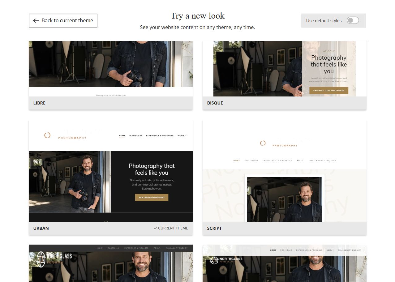 Website Builder theme previews for Northglass Photography using its chosen colours, group 2