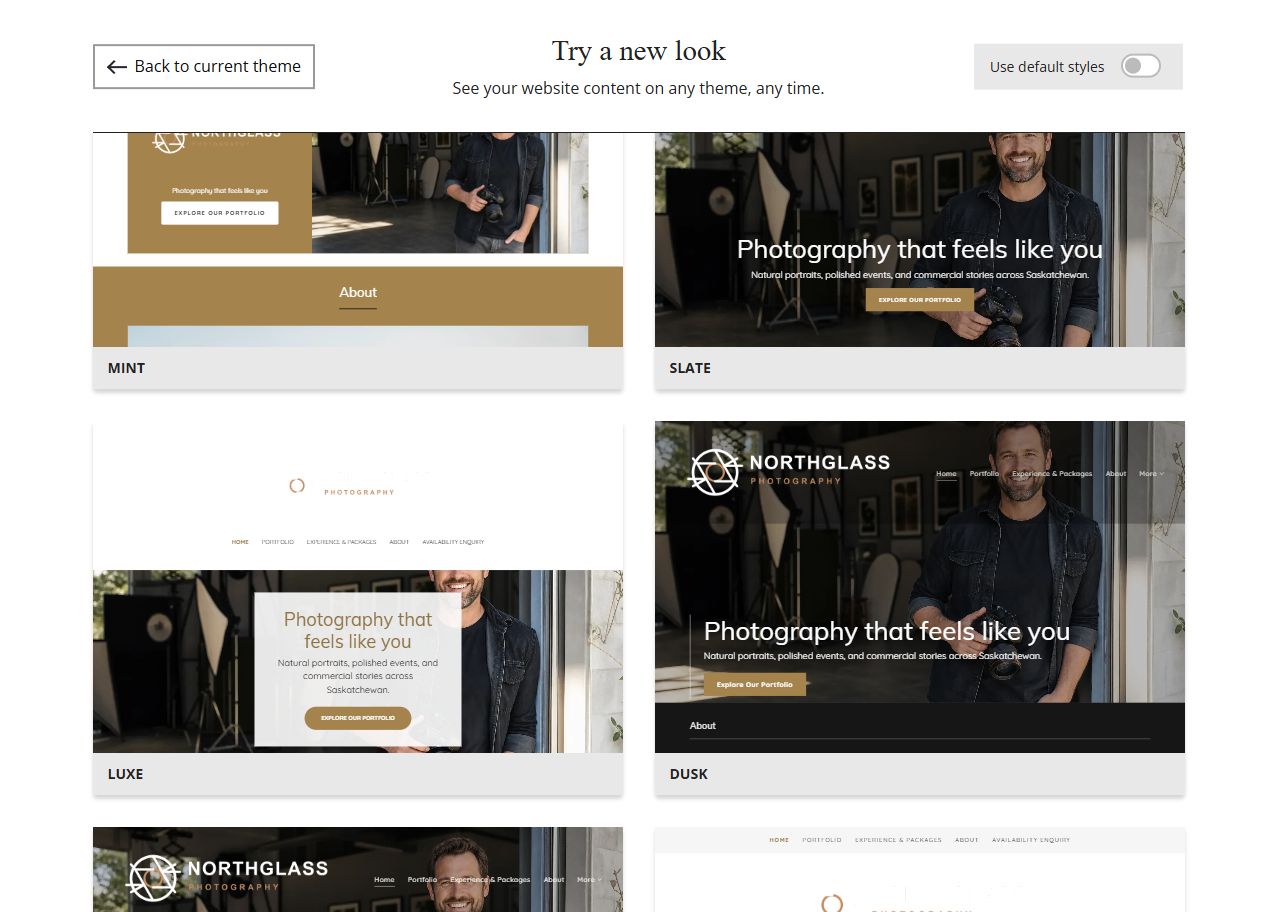 Website Builder theme previews for Northglass Photography using its chosen colours, group 4