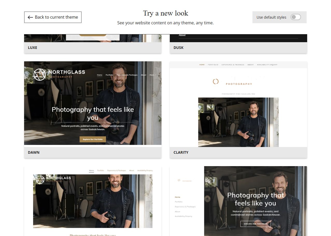 Website Builder theme previews for Northglass Photography using its chosen colours, group 5