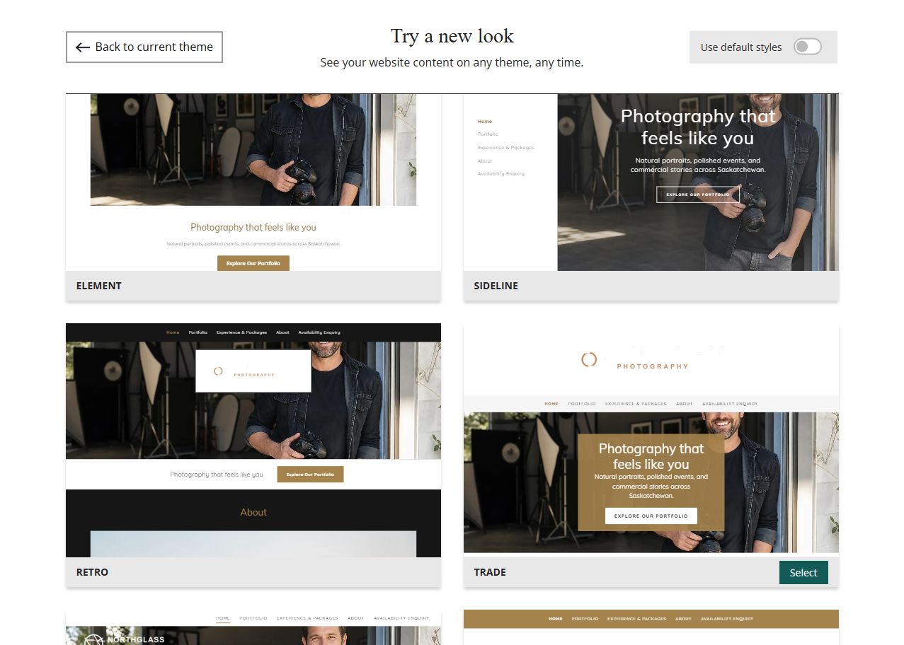 Website Builder theme previews for Northglass Photography using its chosen colours, group 6