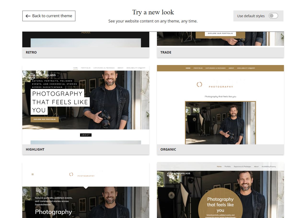 Website Builder theme previews for Northglass Photography using its chosen colours, group 7