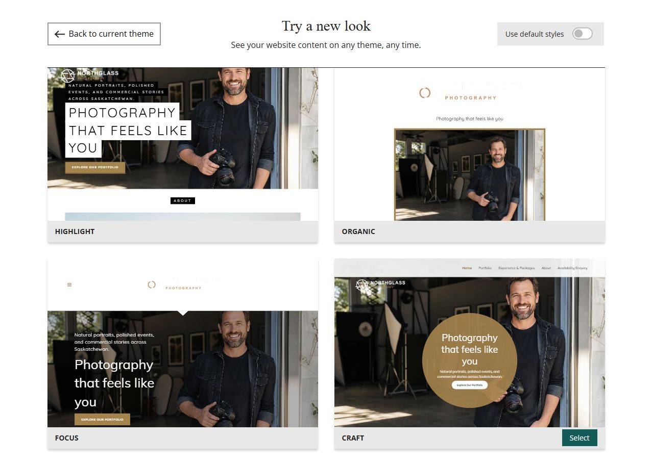 Website Builder theme previews for Northglass Photography using its chosen colours, group 8