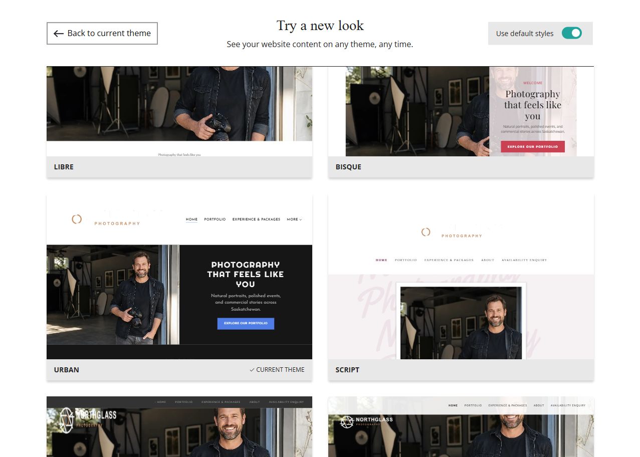 Website Builder theme previews for Northglass Photography using default styles, group 2
