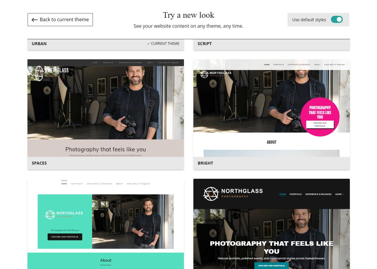 Website Builder theme previews for Northglass Photography using default styles, group 3