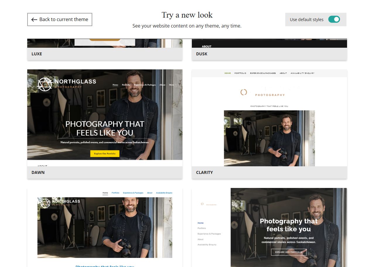 Website Builder theme previews for Northglass Photography using default styles, group 5