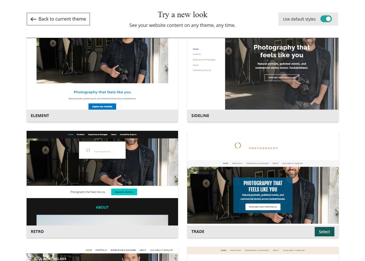 Website Builder theme previews for Northglass Photography using default styles, group 6