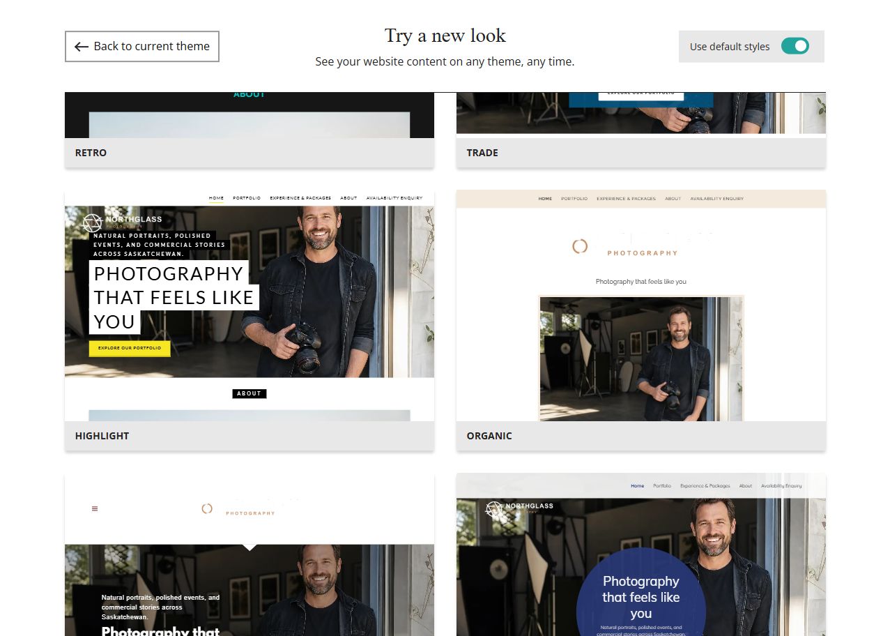 Website Builder theme previews for Northglass Photography using default styles, group 7