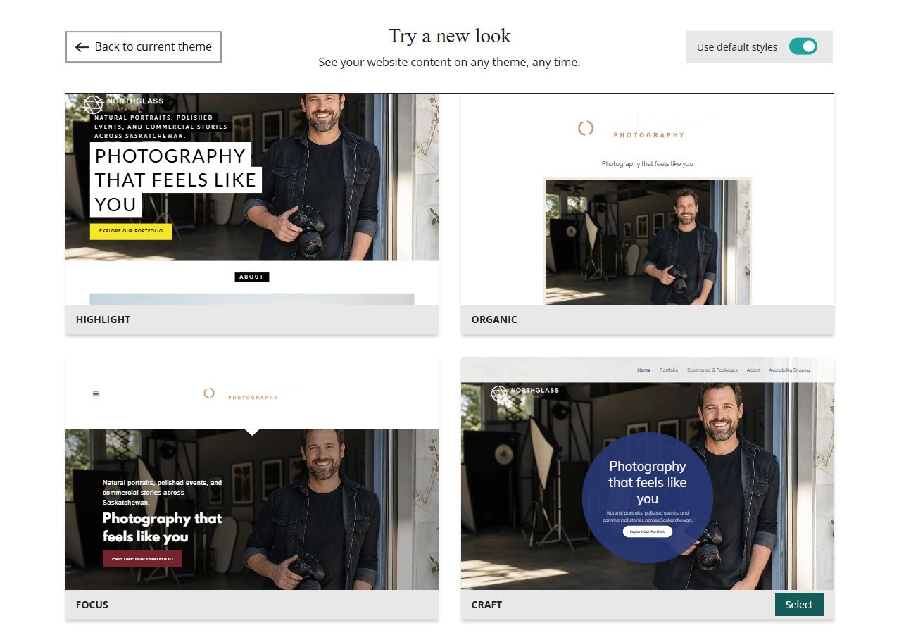 Website Builder theme previews for Northglass Photography using default styles, group 8