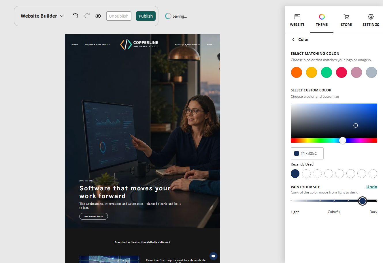 Fine-tune the colour balance for Copperline Software Studio in Website Builder