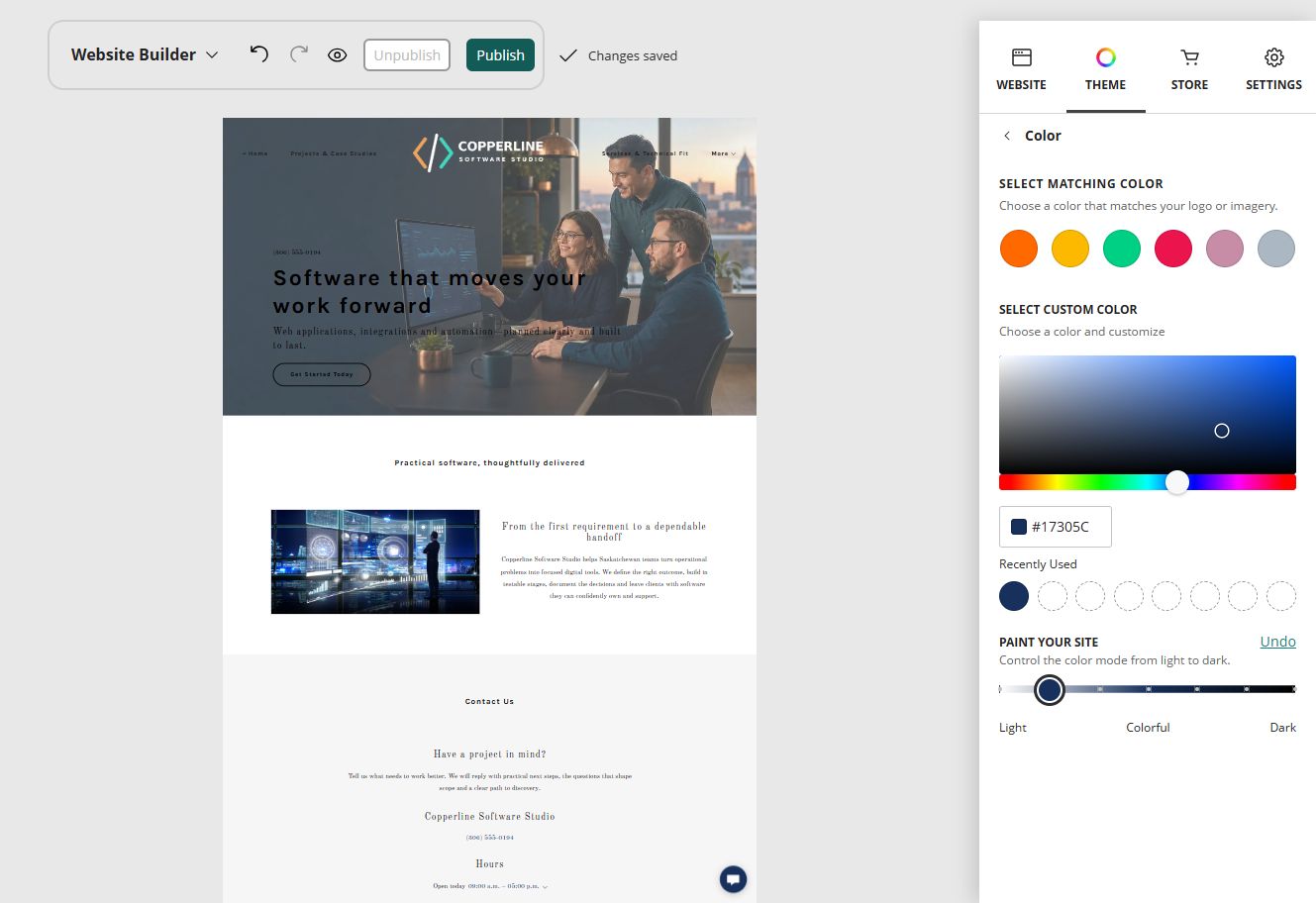 Copperline Software Studio in the Website Builder light balanced paint setting
