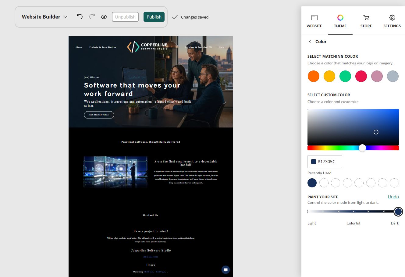 Copperline Software Studio in the Website Builder darkest paint setting