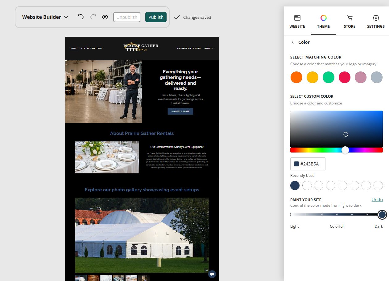Prairie Gather Rentals at Website Builder Paint slider position 7 of 7, dark