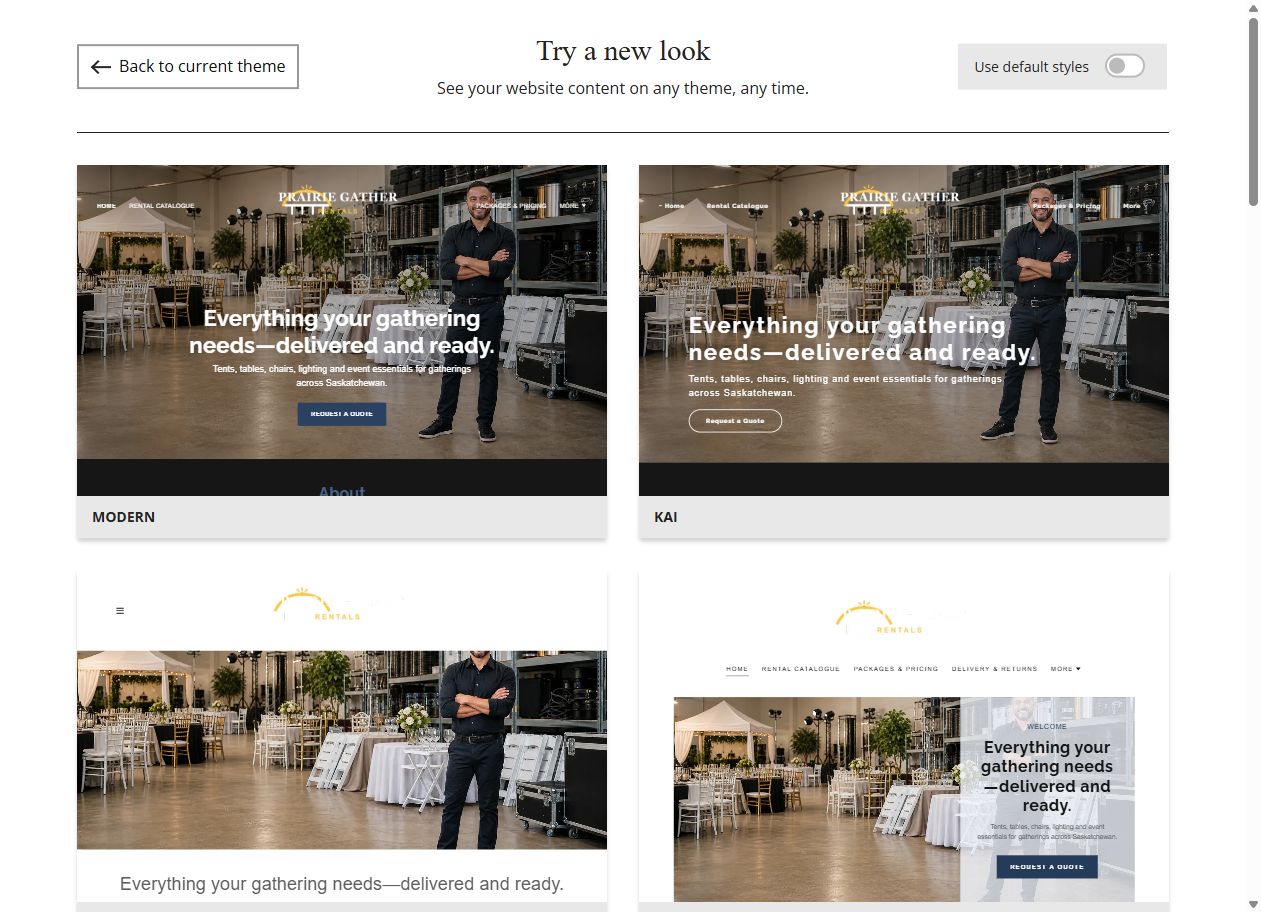 Website Builder theme previews for Prairie Gather Rentals, chosen-colour group 1