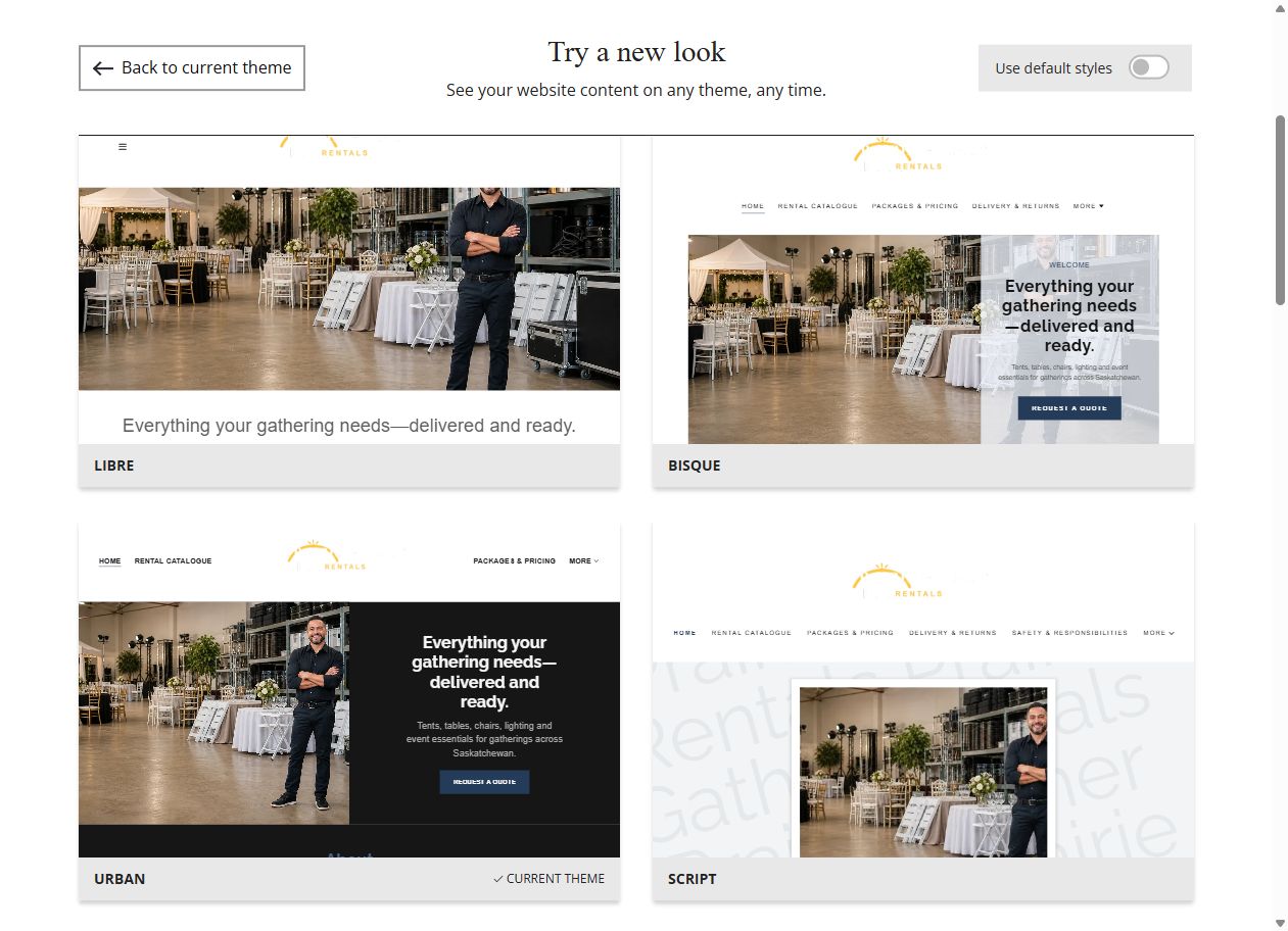 Website Builder theme previews for Prairie Gather Rentals, chosen-colour group 2