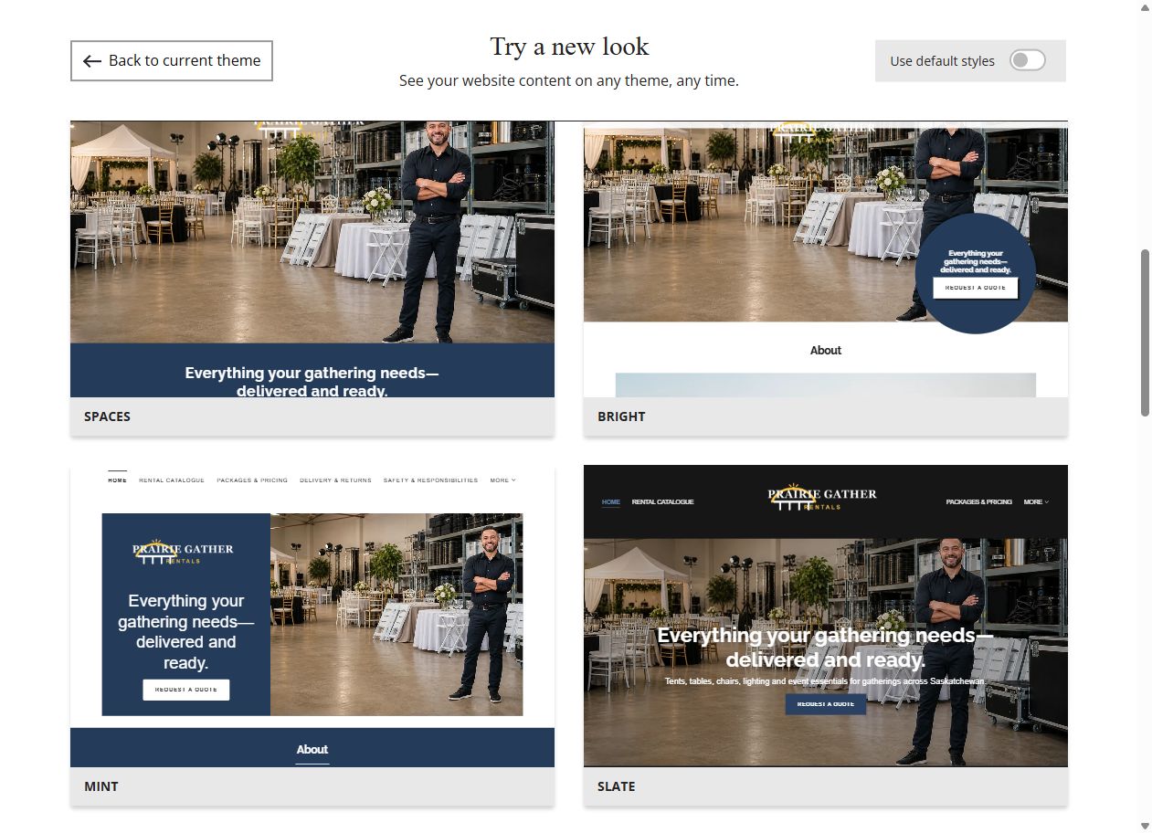 Website Builder theme previews for Prairie Gather Rentals, chosen-colour group 4